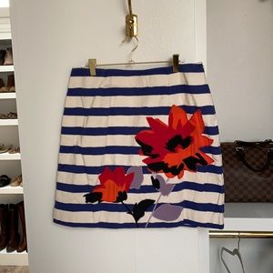 Boden Blue and White Striped Skirt with Red Floral Design